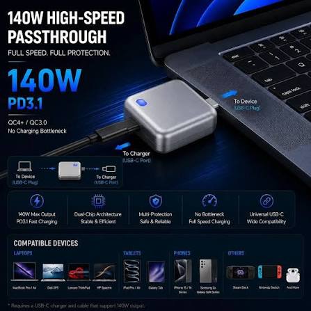 (FREE HOME DELIVERY)140W AI Smart Charging Disconnector | Auto Power Cut-Off USB-C Adapter for Battery Protection & Safe