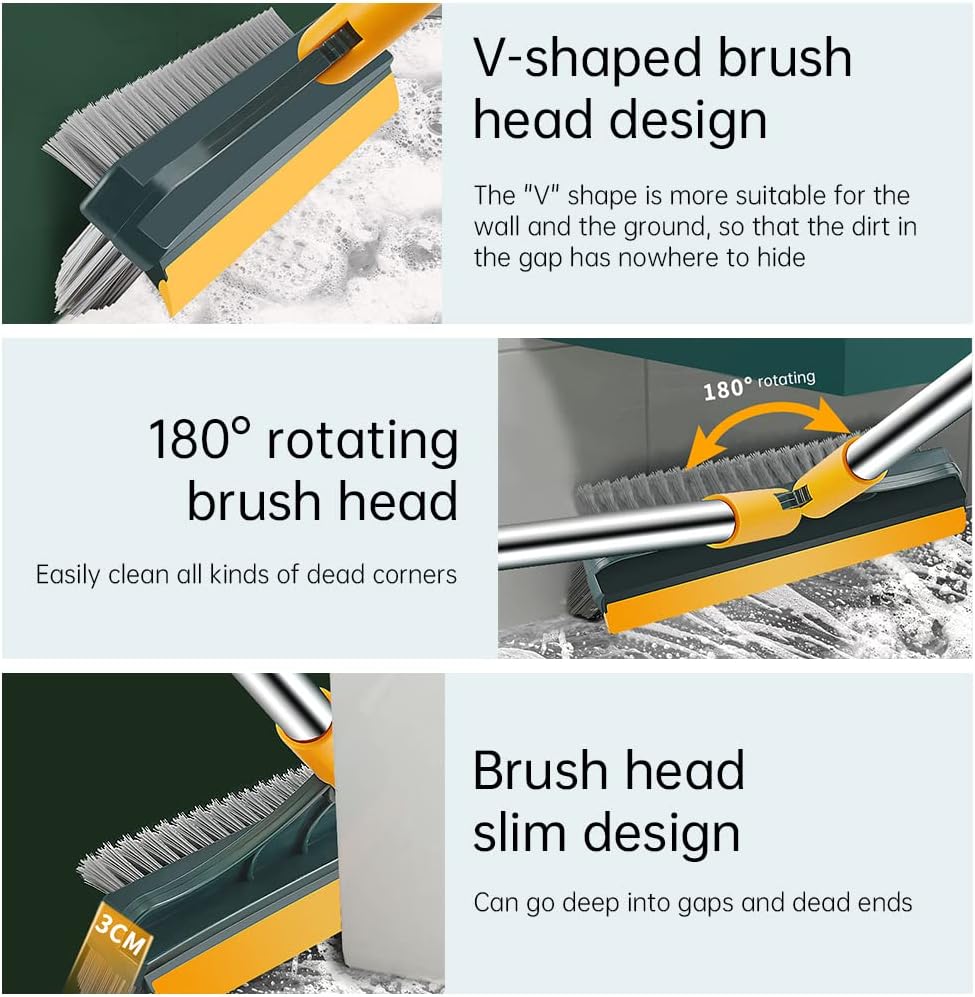 [FREE HOME DELIVERY] 3 in 1 Floor Scrub Brush with Squeegee, Floor Scrub Brush with Long Handle, 180° Rotating Brush Head for Floor Kitchen Wall Deck Tile Cleaning