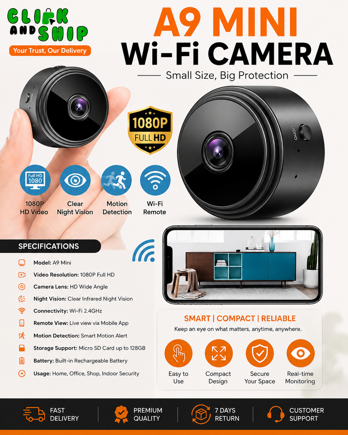 A9 Mini WiFi Camera – 1080P HD | Night Vision | Motion Detection| Free Delivery