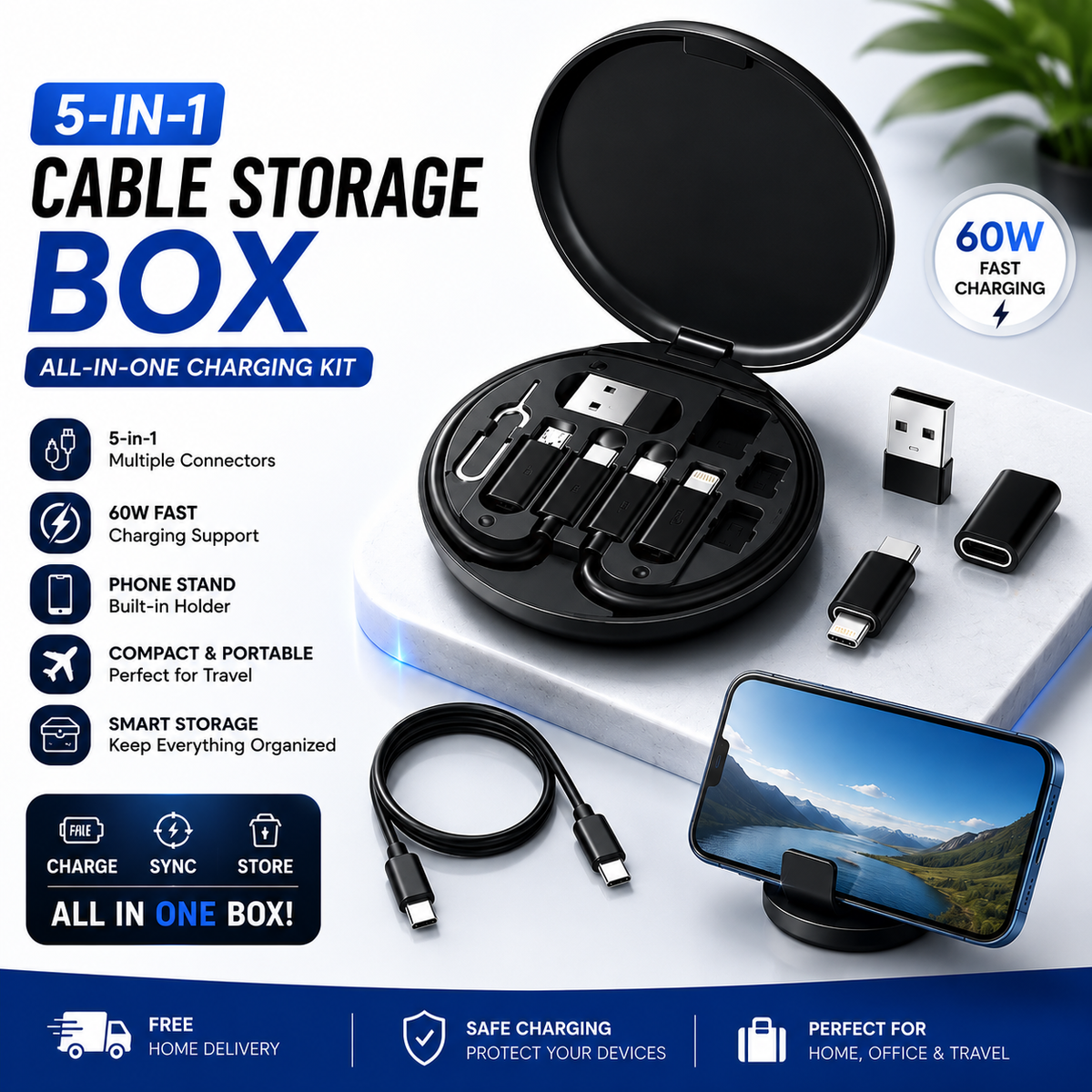 |FREE DELVERY| 5-in-1 60W Fast Charging Cable Storage Box with Phone Stand