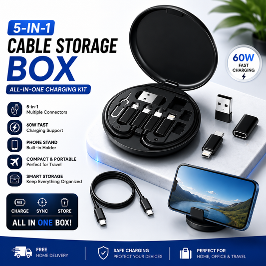 |FREE DELVERY| 5-in-1 60W Fast Charging Cable Storage Box with Phone Stand