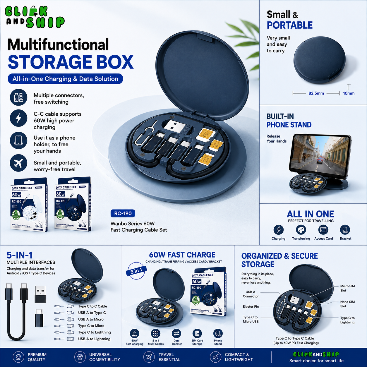 (Free Home Delivery) 5-in-1 60W Fast Charging Cable Storage Box | All-in-One Multi Charging Kit with Phone Stand |
