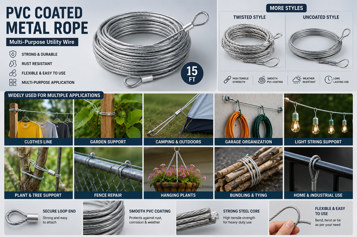 Premium Stainless Steel PVC Coated Clothesline – Heavy-Duty Rust-Resistant Drying Wire