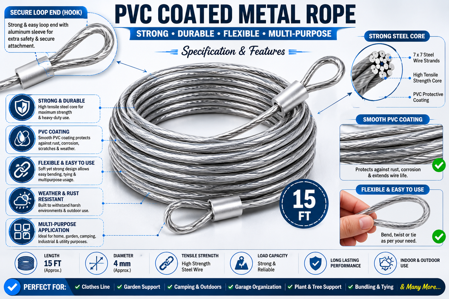 Premium Stainless Steel PVC Coated Clothesline – Heavy-Duty Rust-Resistant Drying Wire