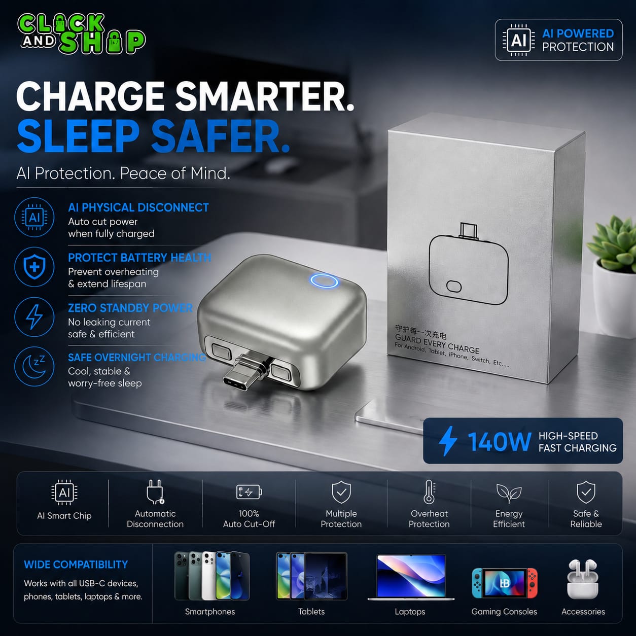(FREE HOME DELIVERY)140W AI Smart Charging Disconnector | Auto Power Cut-Off USB-C Adapter for Battery Protection & Safe