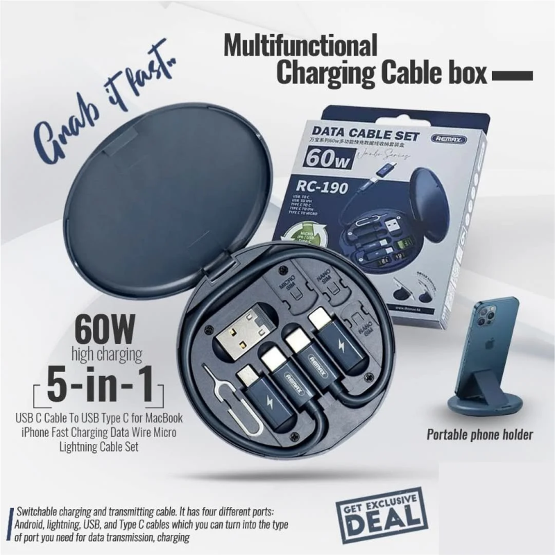 (Free Home Delivery) 5-in-1 60W Fast Charging Cable Storage Box | All-in-One Multi Charging Kit with Phone Stand |
